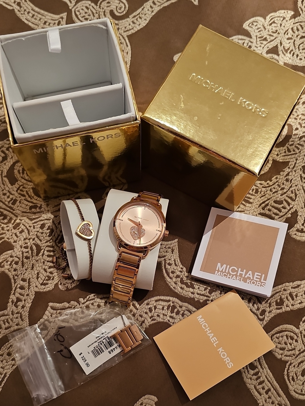 Michael Kors Rose Gold-Tone Watch and Heart Charm Bracelet Set